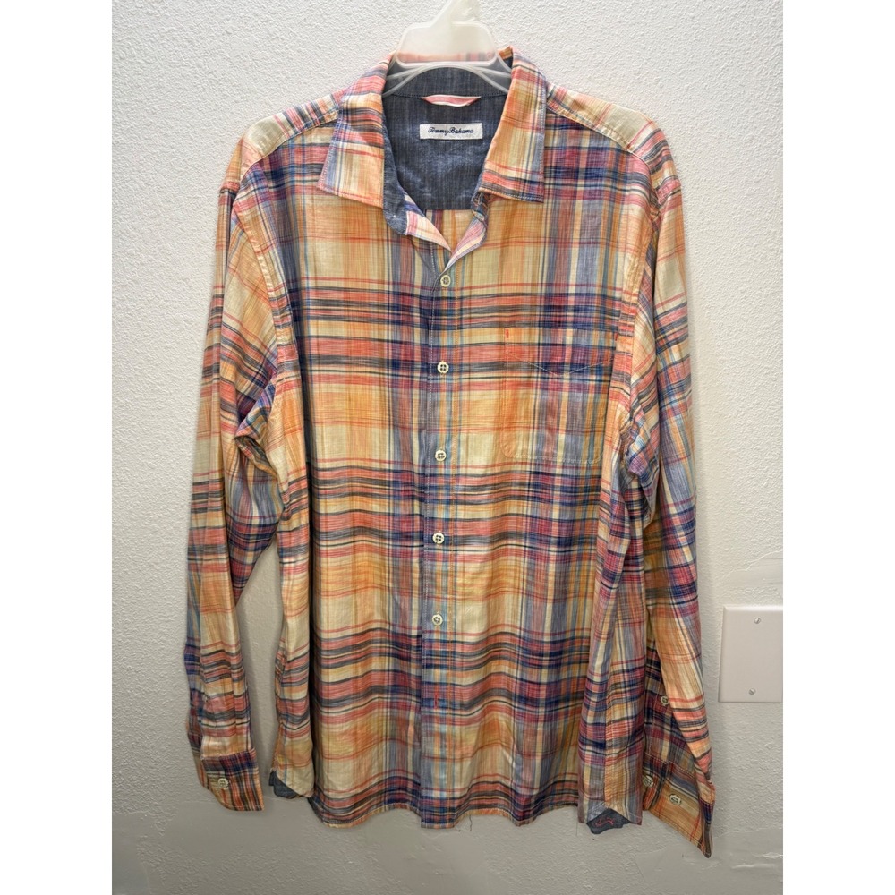 Tommy Bahama Mens Large Plaid Button Down Shirt Orange Blue Cotton Tencel L/S